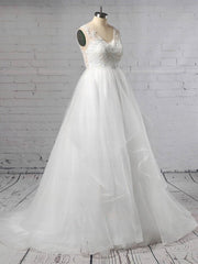 V-neck Tulle Ball Gown Wedding Dress with Cascading Ruffles and Sweep Train