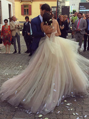 V-neck Tulle Ball Gown Wedding Dress With Lace Appliques and Sweep Train