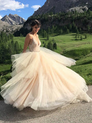 V-neck Tulle Ball Gown Wedding Dress With Lace Appliques and Sweep Train