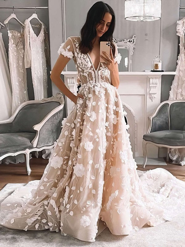 V-neck Tulle Ball Gown Wedding Dress with Pockets and Sweep Train