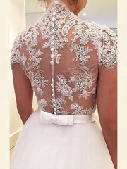 V-neck Tulle Ball Gown Wedding Dress with Sash and Ribbon