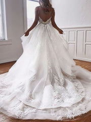 V-neck Tulle Court Train Wedding Dress with Cascading Ruffles
