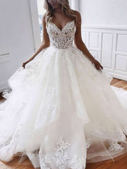 V-neck Tulle Court Train Wedding Dress with Cascading Ruffles