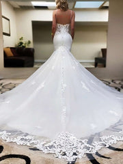 V-neck Tulle Mermaid Trumpet Wedding Dress With Beading and Chapel Train
