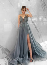 V-Neck Tulle Prom Dress with Split Front | Ball-Gown Sleeveless-27dress