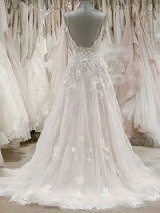 V-neck Tulle Sweep Train Ball Gown Wedding Dresses With Beading