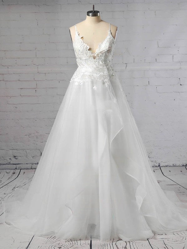 V-neck Tulle Sweep Train Wedding Dress with Appliques Lace