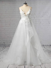 V-neck Tulle Sweep Train Wedding Dress with Appliques Lace