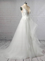 V-neck Tulle Sweep Train Wedding Dress with Appliques Lace