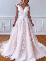 V-neck Tulle Sweep Train Wedding Dress with Appliques Lace for Ball Gown