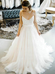 V-Neck Tulle Sweep Train Wedding Dress with Bow for Ball Gown Look
