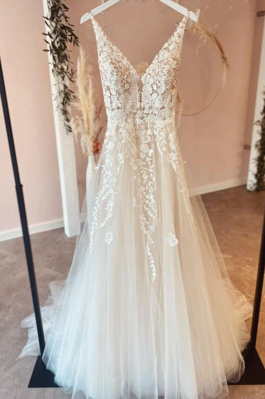 V-Neck Tulle Wedding Dress Sleeveless With Lace Appliques-27dress
