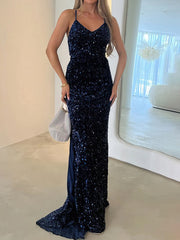 V-neck Velvet Sequins Prom Dress with Sweep Train and Split Front