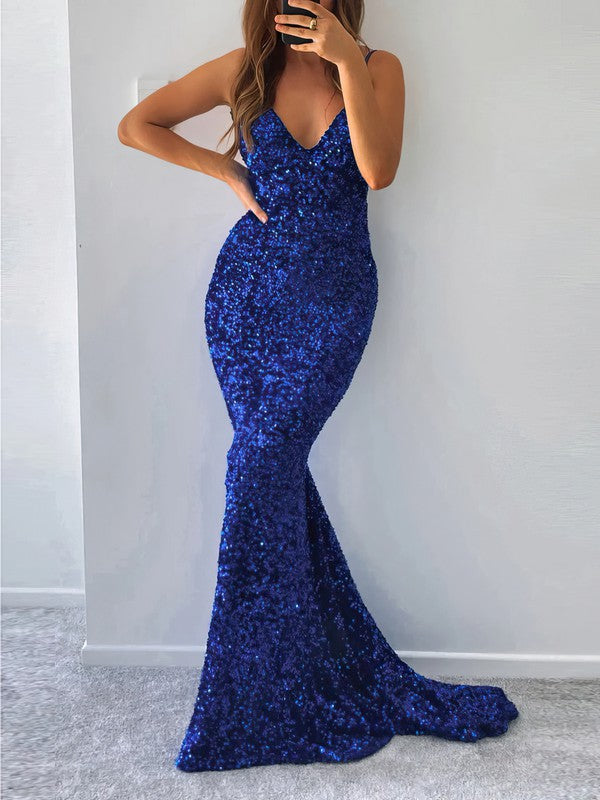 V-neck Velvet Sequins Sheath/Column Prom Dress with Train