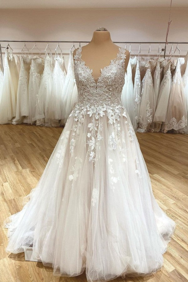 V-Neck Wedding Dress Lace Appliques Tulle Bridal Gown-27dress