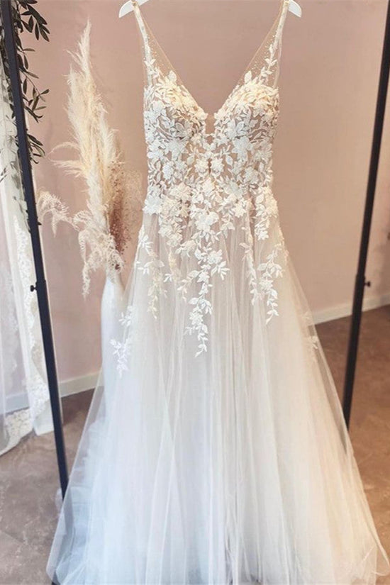 V-Neck Wedding Dress Sleeveless Tulle With Lace Appliques-27dress