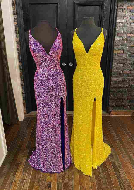 Velvet Sequins Long Prom Dress With Split - Sheath/Column V Neck Sleeveless-27dress