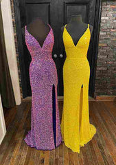 Velvet Sequins Long Prom Dress With Split - Sheath/Column V Neck Sleeveless-27dress