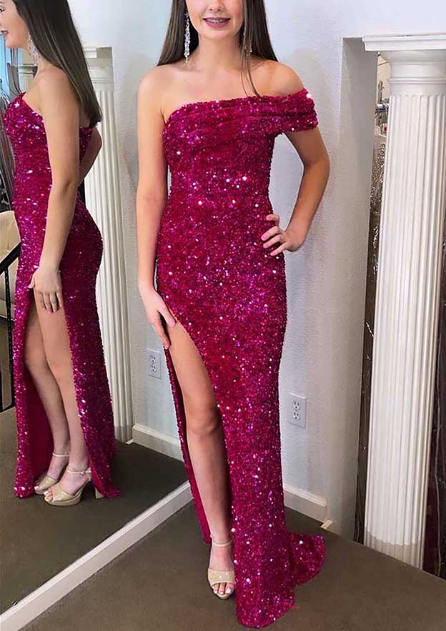 Velvet Sequins Prom Dress with One-Shoulder Sleeveless Court Train for Trumpet/Mermaid-27dress