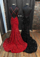 Velvet Sequins Trumpet/Mermaid V-Neck Court Train Prom Dress with Pleated Sleeveless-27dress