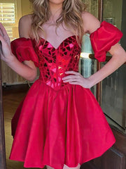 27Dress red Satin Homecoming Dress short off shoulder with puff sleeves and mirrored mosaic corset bodice