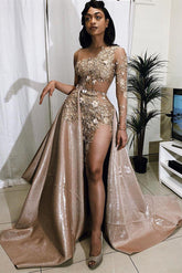 Vintage A-line One Shoulder Lace Appliqued Long Prom Dresses With Over Skirt-27Dress