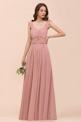 Vintage Mauve Chiffon Straps Ruffle Affordable Bridesmaid Dress-27dress