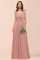 Vintage Mauve Chiffon Straps Ruffle Affordable Bridesmaid Dress-27dress