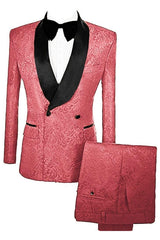 Watermelon Double Breasted Jacquard Wedding Suits With Velvet Lapel