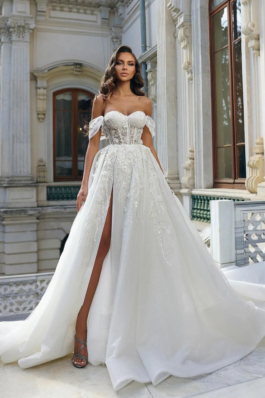 White A-line Off-the-Shoulder Lace Wedding Dress with Slit-27dress