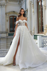 White A-line Off-the-Shoulder Lace Wedding Dress with Slit-27dress