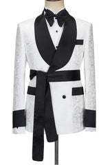 Double Breasted Jacquard White Wedding Suits With Black Shawl Lapel