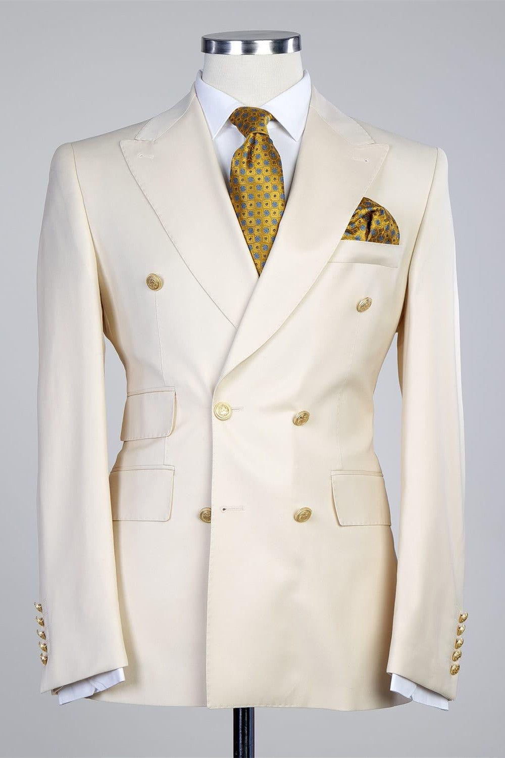 Double Breasted Stylish Peaked Lapel Men White Business Suits