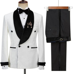 Jacquard Double Breasted White Wedding Suits With Black Velvet Lapel
