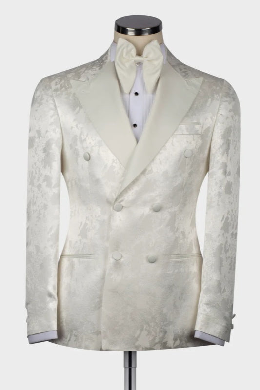 White Jacquard Peaked Lapel Double Breasted Wedding Men Suits