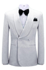 Jacquard Shawl Lapel Double Breasted White Wedding Suits