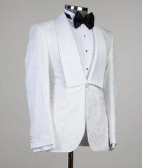 White Jacquard Shawl Lapel Three Pieces Men Suits For Wedding