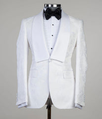 White Jacquard Shawl Lapel Three Pieces Men Suits For Wedding