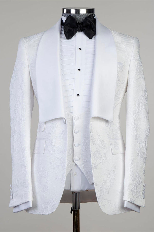 White Jacquard Shawl Lapel Three Pieces Men Suits For Wedding