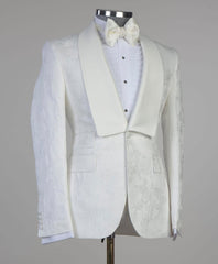 Jacquard Shawl Lapel White Wedding Suits with One Button
