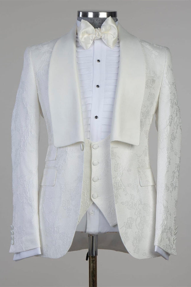 Jacquard Shawl Lapel White Wedding Suits with One Button