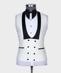 Jacquard Three Pieces White Wedding Suits With Black Shawl Lapel