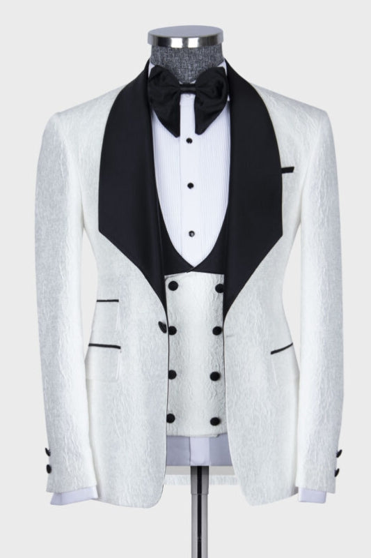 Jacquard Three Pieces White Wedding Suits With Black Shawl Lapel
