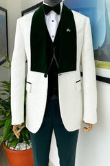 Jacquard Three Pieces White Wedding Suits With Dark Green Shawl Lapel