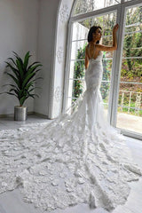 White Lace Wedding Dress Mermaid Sleeveless Long Train-27dress