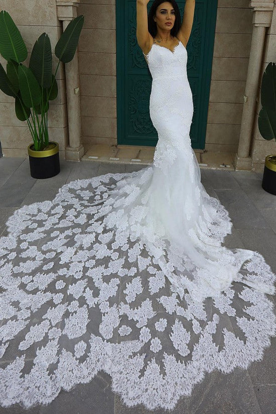 White Lace Wedding Dress Mermaid Sleeveless Long Train-27dress