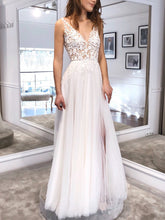 White Long A Line V Neck Tulle Backless Lace Prom Dress with Slit-27Dress