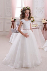 White Long Ball Gown Scoop Neck Tulle Lace Flower Girl Dresses-27dress