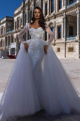 White Long Sleeves Wedding Dress Appliques Mermaid With Detachable Skirt-27dress