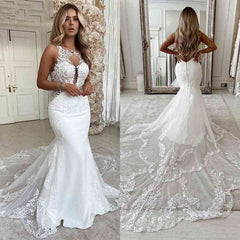 White Mermaid Wedding Dress Lace Backless-27dress